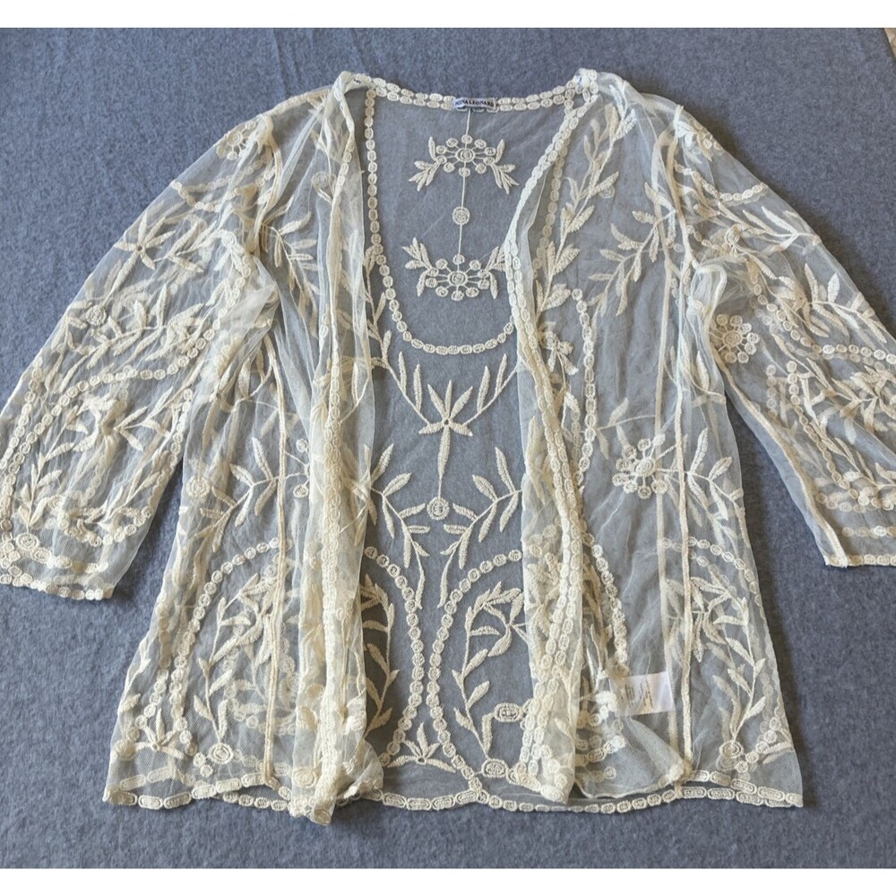 Nina Leonard Open Front Top L ? Ivory Sheer Embroidered Cottagecore Whimsy Boho